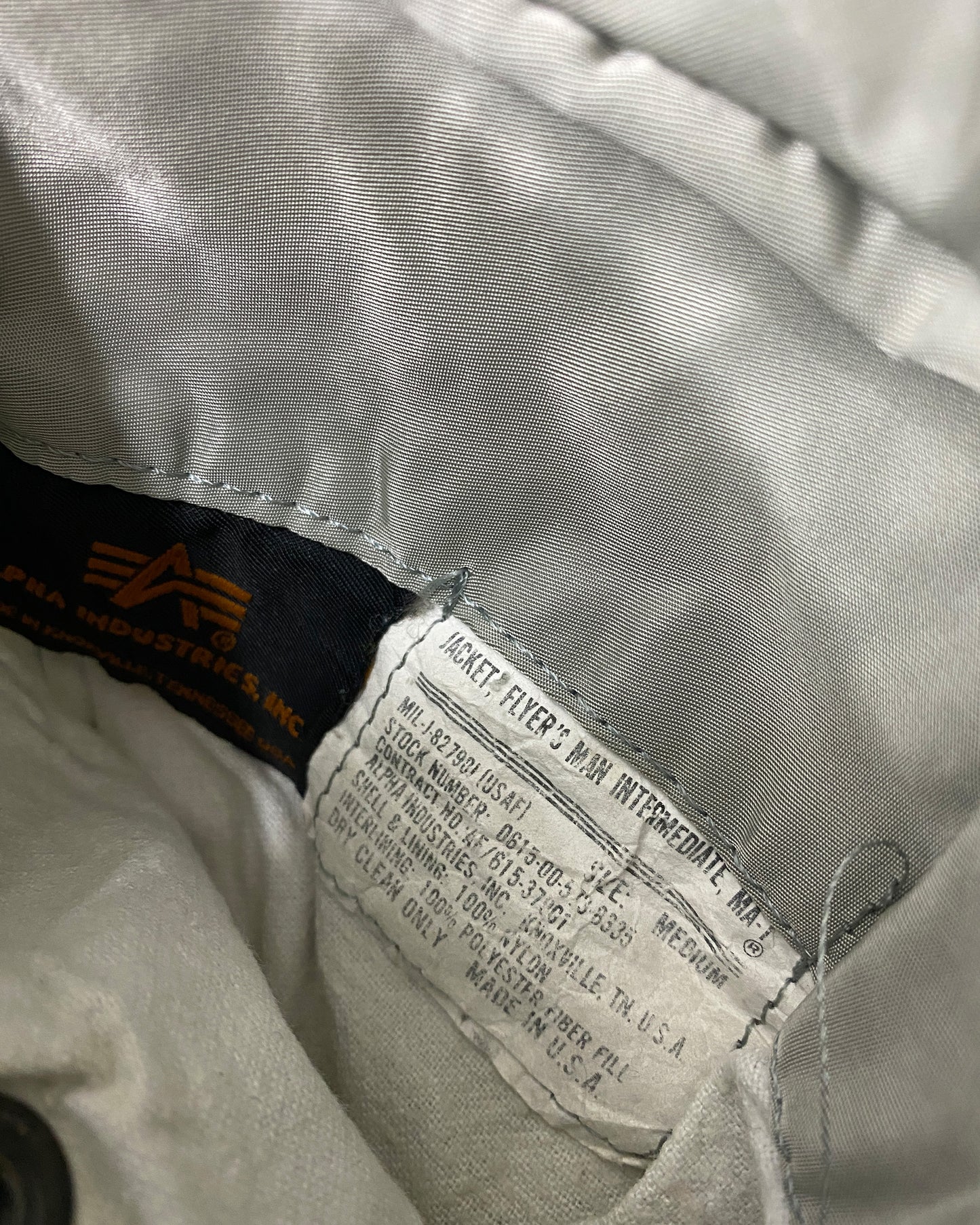 Alpha Industries 1990s Made in USA MA-1 Bomber Jacket Silver Grey