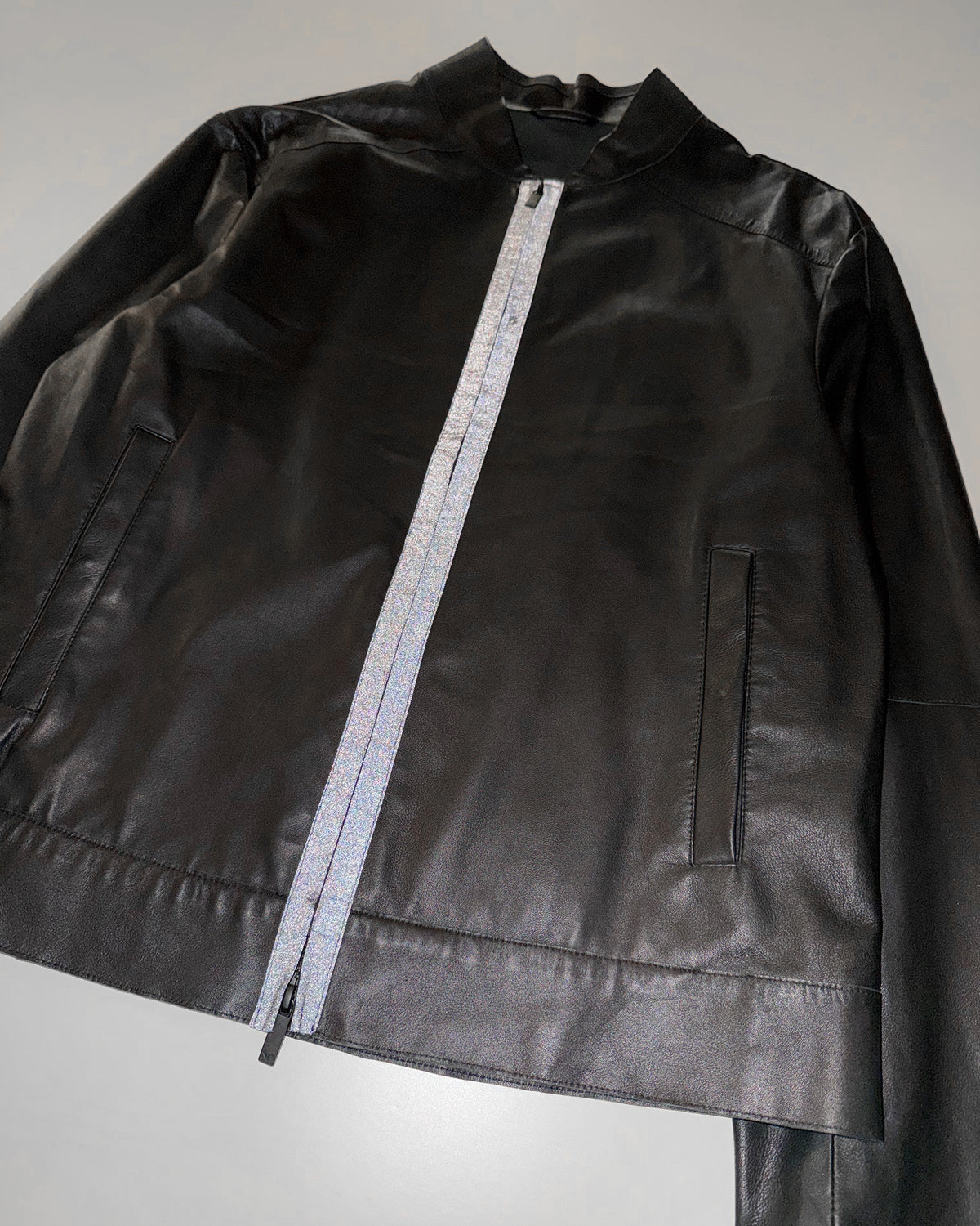Emporio Armani FW2015 Reflective Thin Lamb Leather Bomber Jacket Black