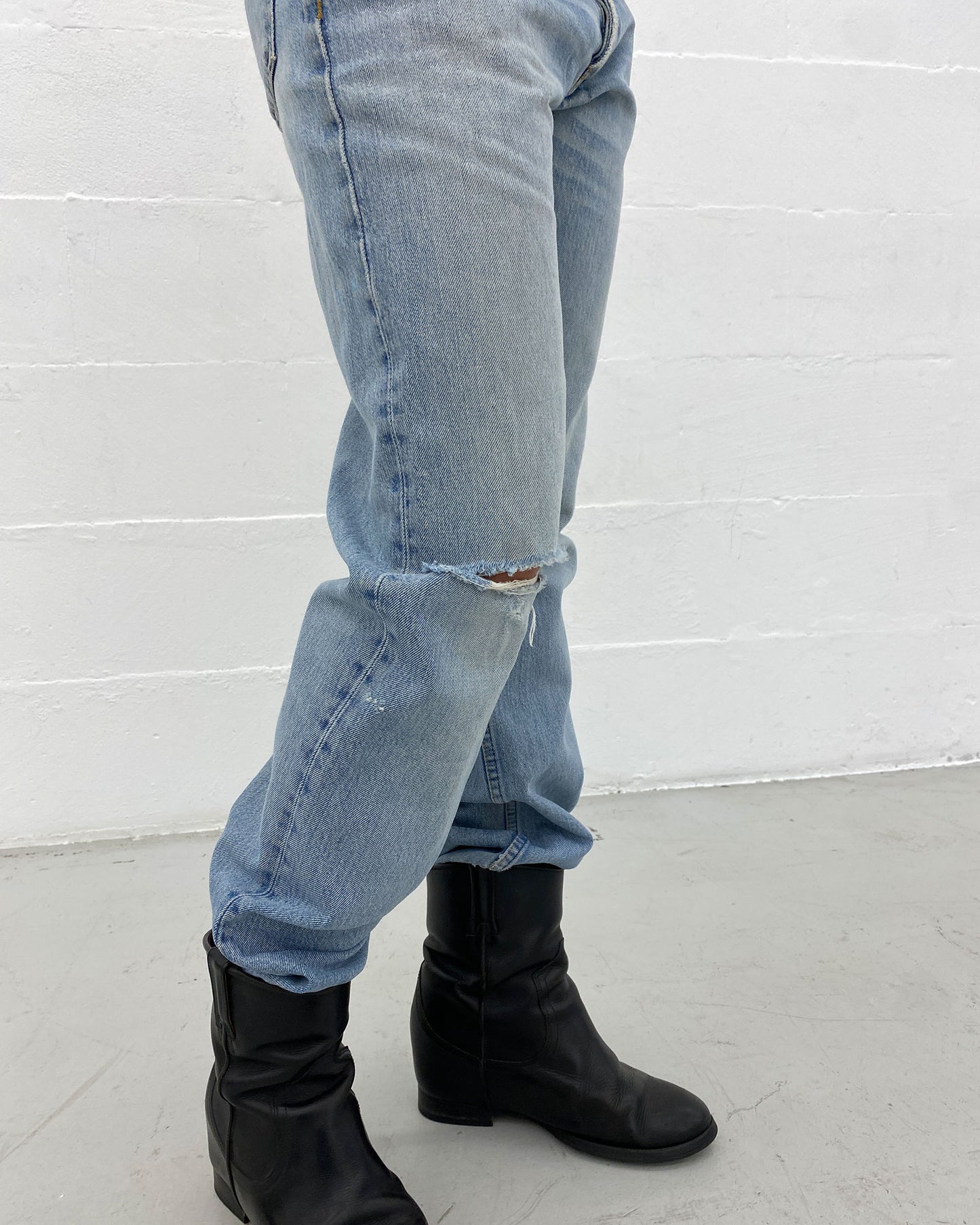 Helmut Lang 2000s Knee Blowout Boot Cut Vintage Sanded Denim Light Blue
