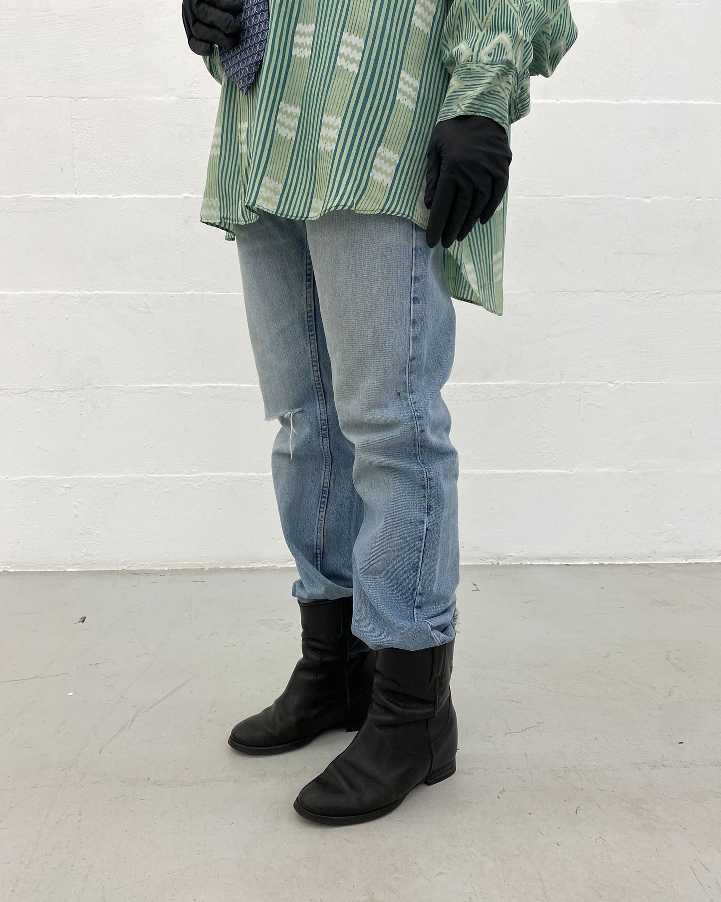 Helmut Lang 2000s Knee Blowout Boot Cut Vintage Sanded Denim Light Blue