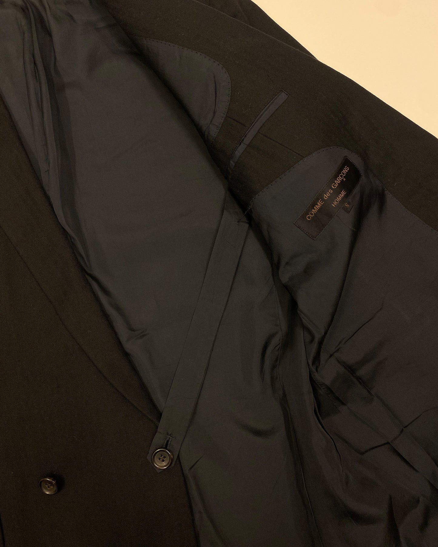 Comme des Garçons Homme 1980s Herringbone Wool Double Breasted Blazer Jacket Black