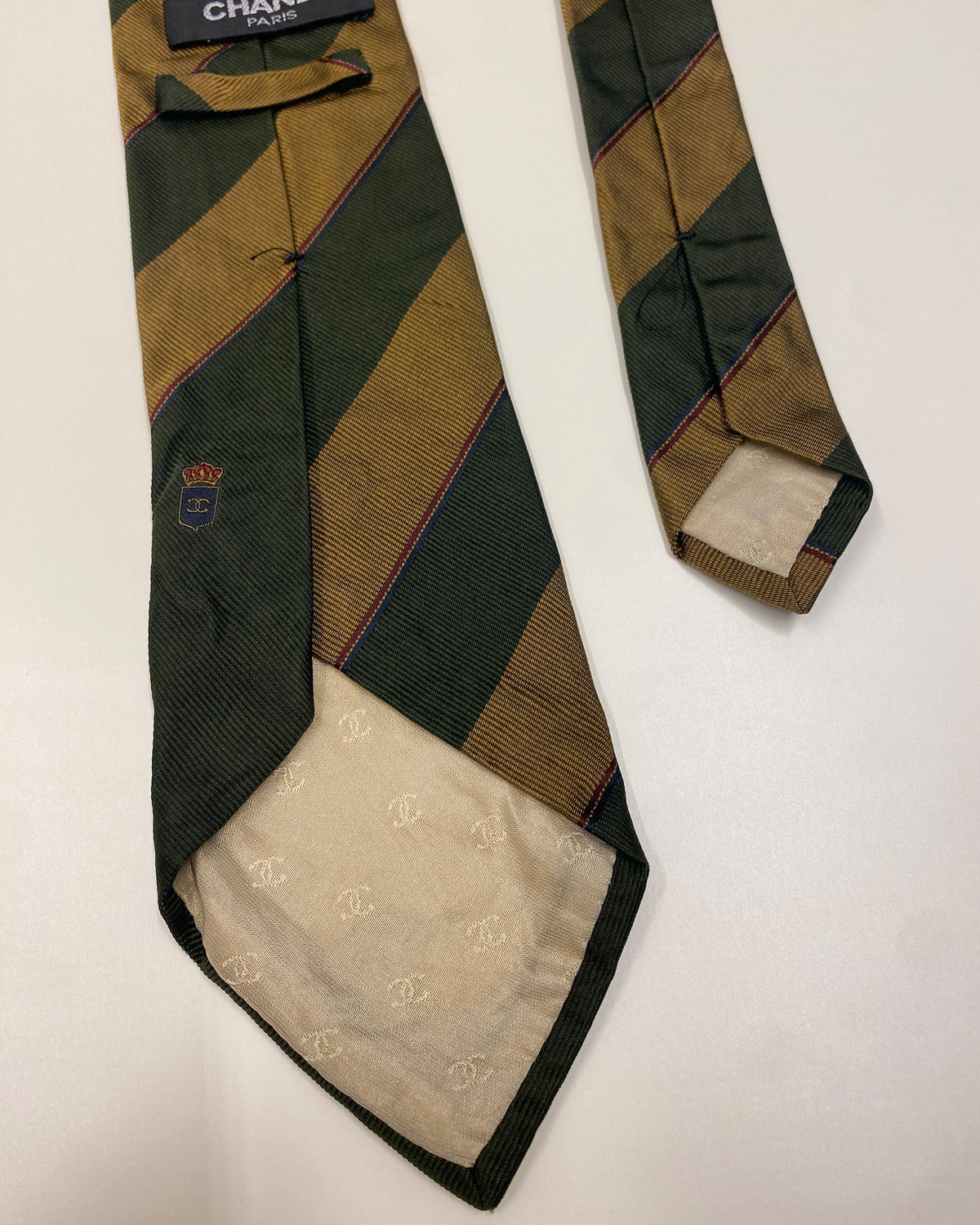 Chanel 1990s Diagonal Striped Tie Green Gold