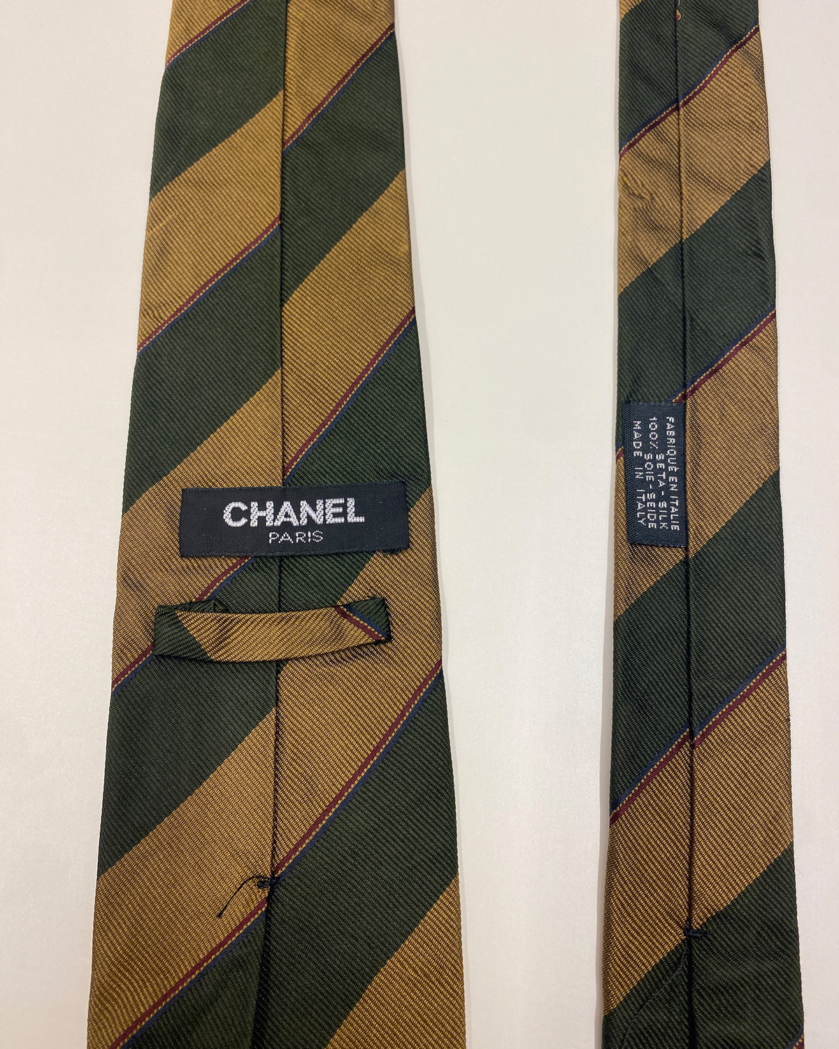 Chanel 1990s Diagonal Striped Tie Green Gold