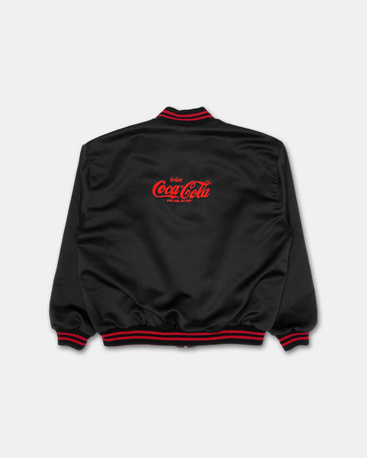 Vintage Coca Cola 1990s Embroidered Logo Satin Bomber Jacket Black
