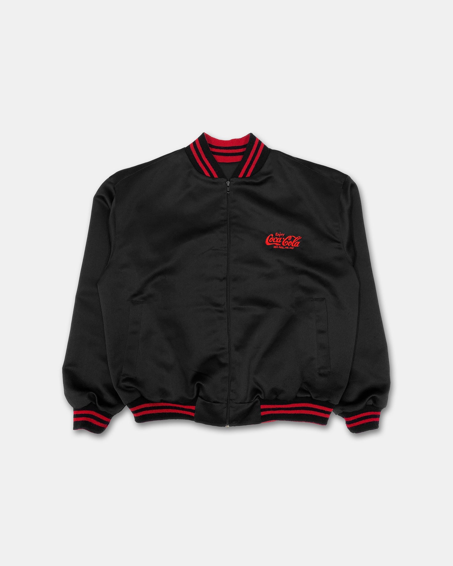 Vintage Coca Cola 1990s Embroidered Logo Satin Bomber Jacket Black