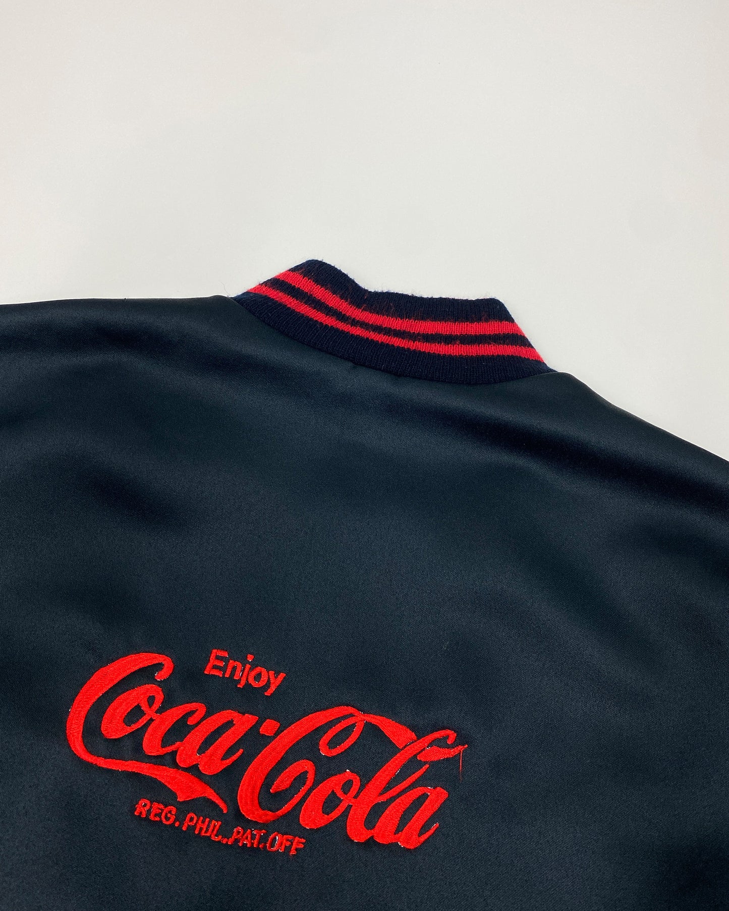 Vintage Coca Cola 1990s Embroidered Logo Satin Bomber Jacket Black