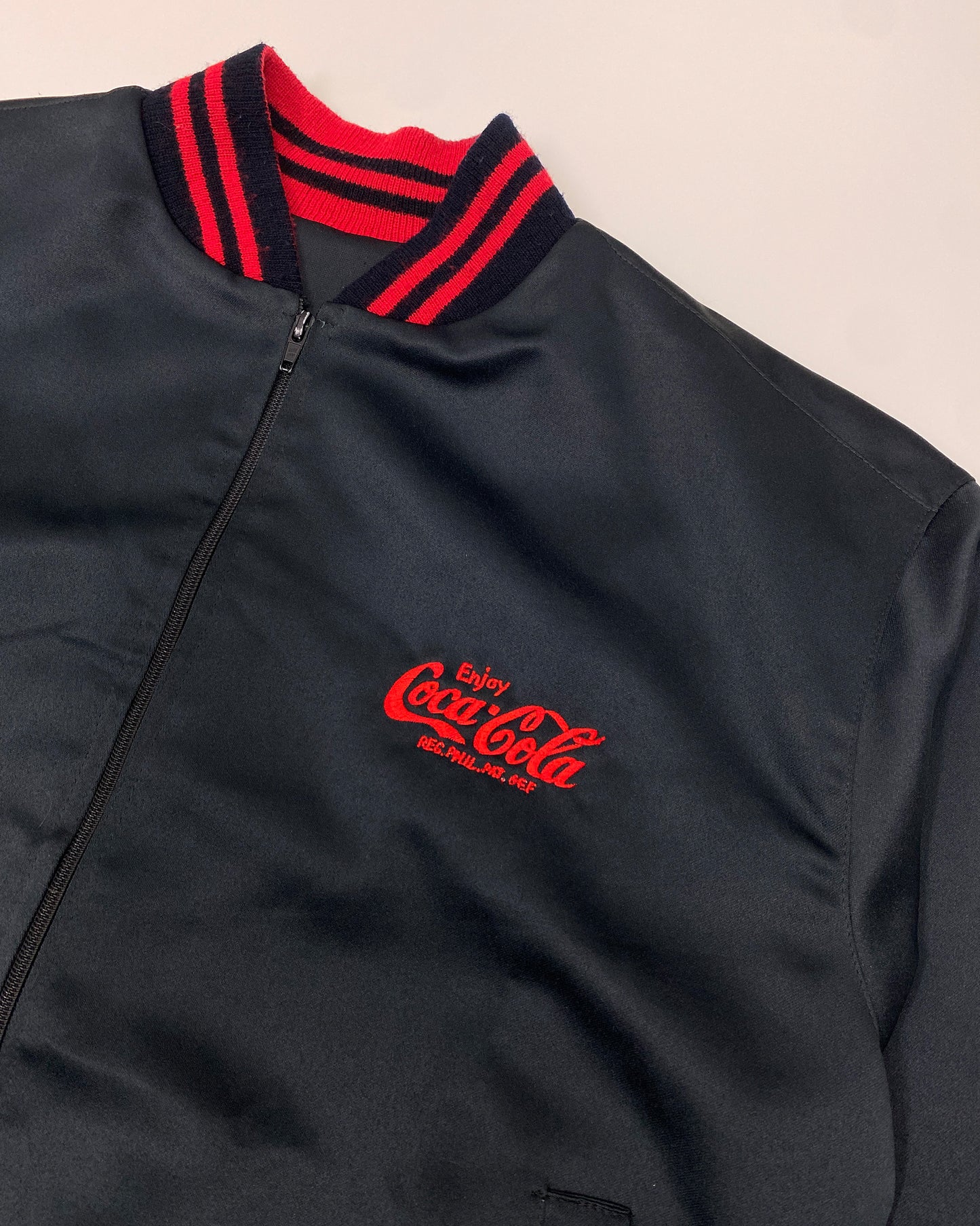 Vintage Coca Cola 1990s Embroidered Logo Satin Bomber Jacket Black