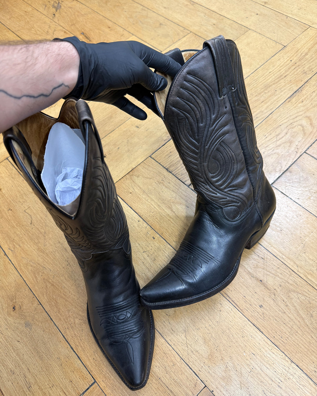 Tony Mora 1990s Faded Cowboy Boots Dark Brown Black