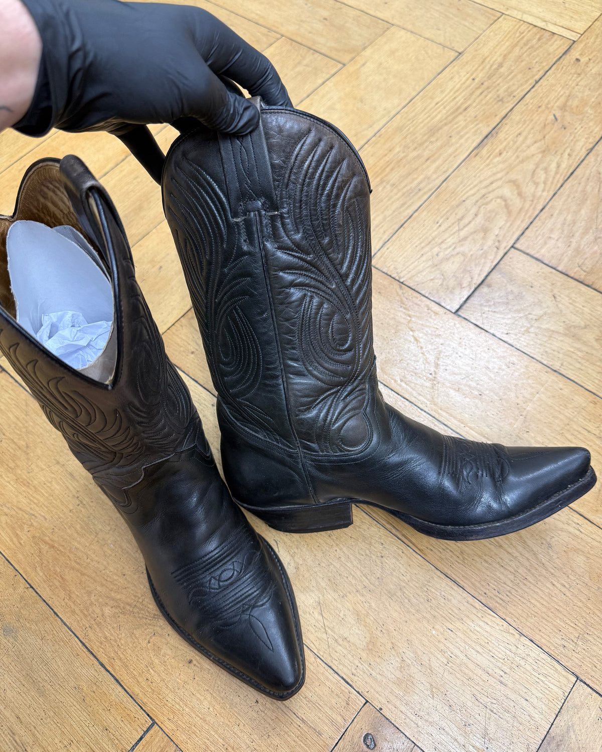 Tony Mora 1990s Faded Cowboy Boots Dark Brown Black