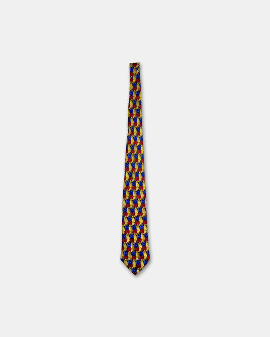 Christian Dior 1990s People Pattern Tie Red Blue Gold