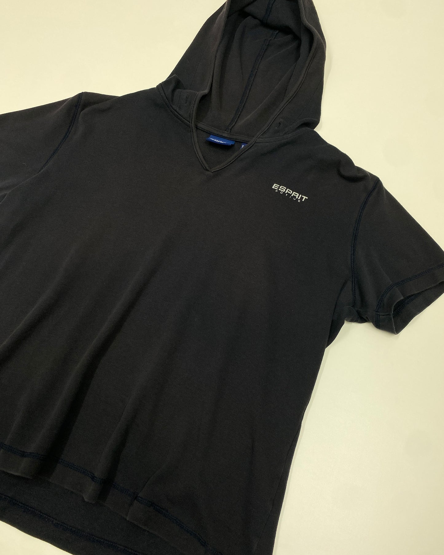 Esprit Active 2000s Bildet Banden Hooded T-Shirt Top Navy