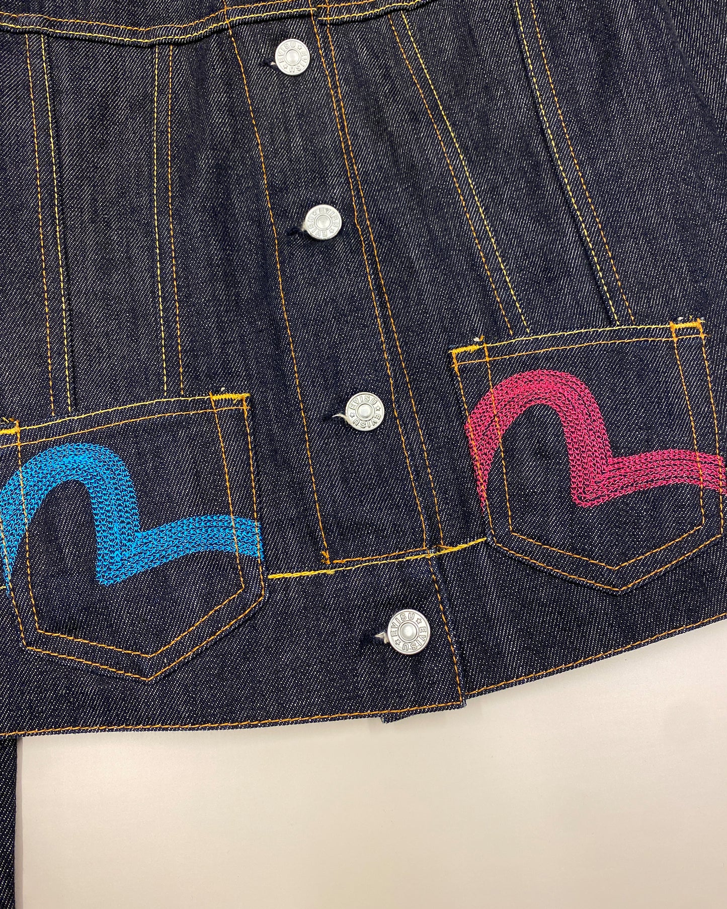 Evisu 2000s Cropped Raw Denim Jacket Dark Blue
