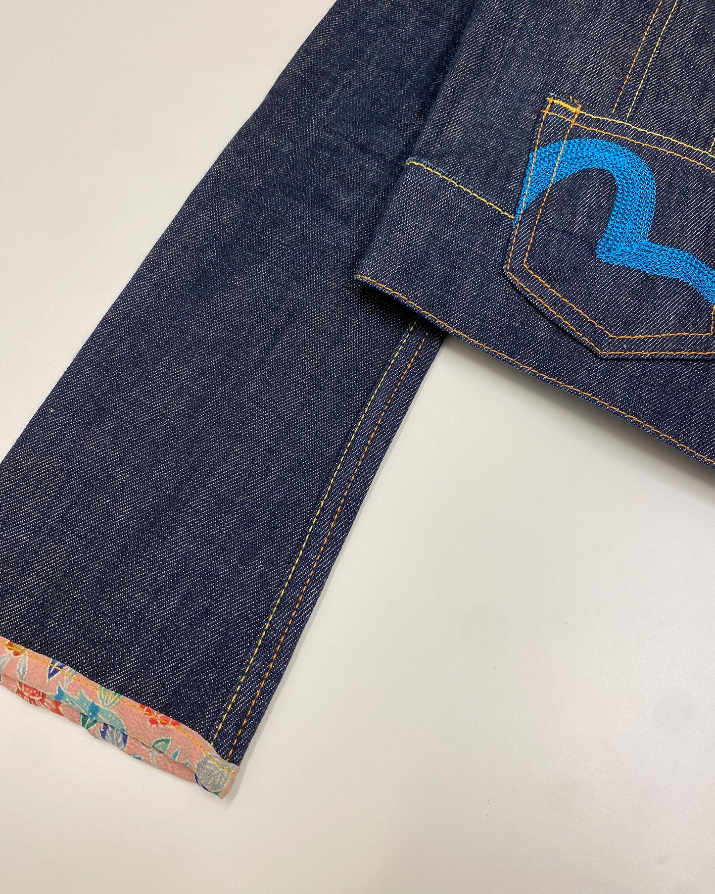 Evisu 2000s Cropped Raw Denim Jacket Dark Blue