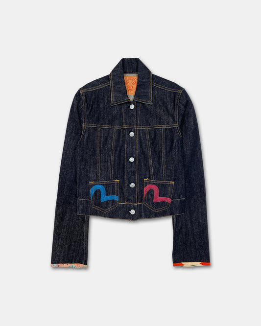 Evisu 2000s Cropped Raw Denim Jacket Dark Blue
