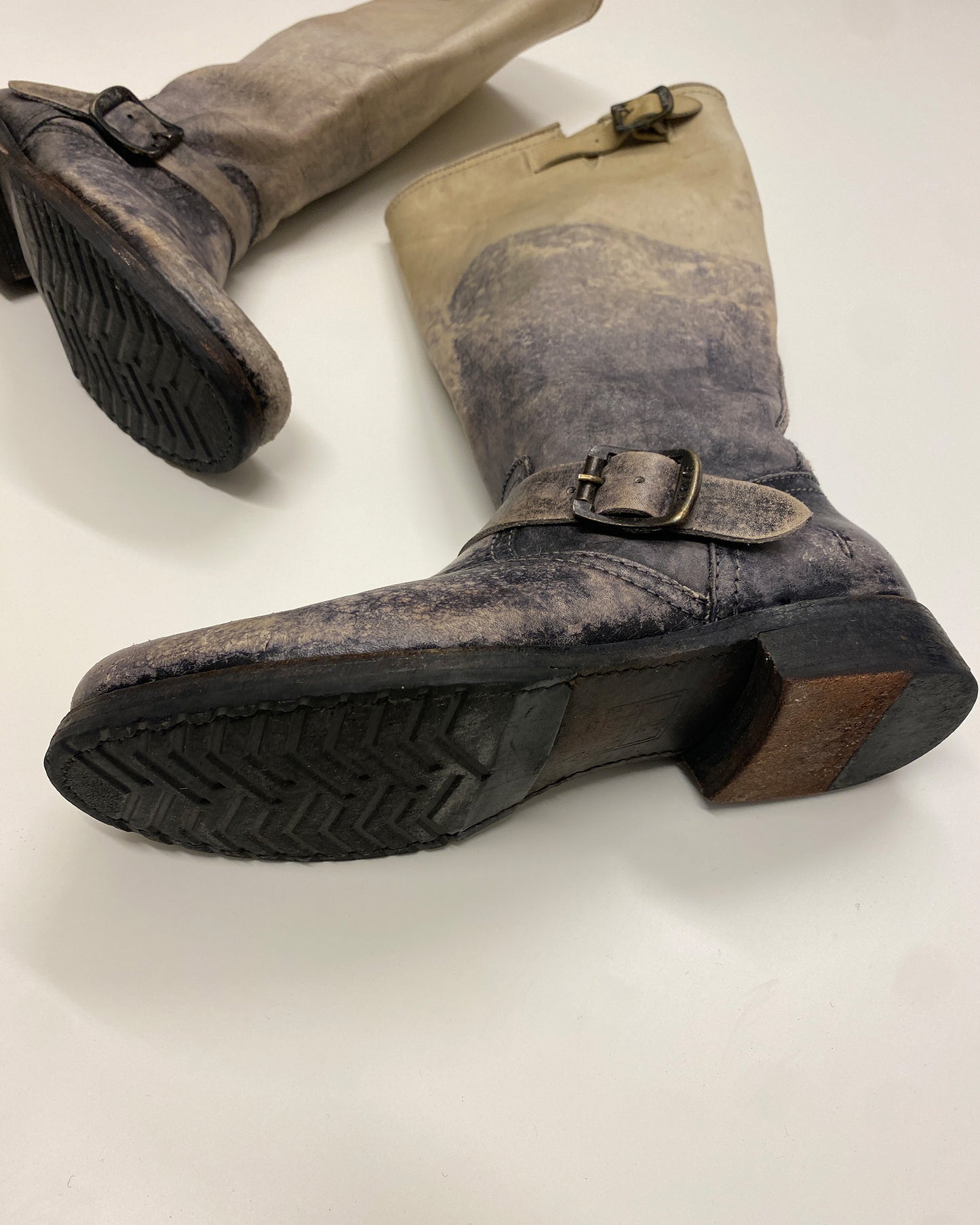 Frye 2000s Veronica Srone Wash Slouch Leather Boots Beige Black