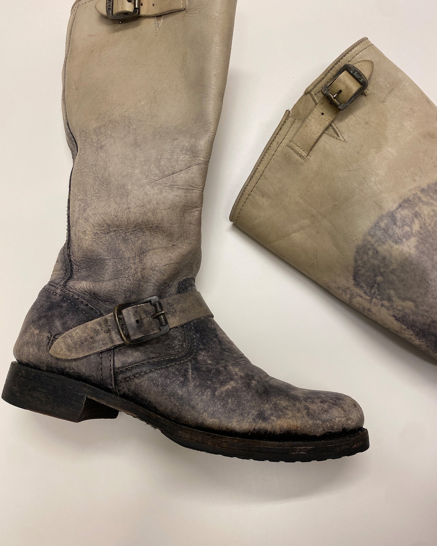 Frye 2000s Veronica Srone Wash Slouch Leather Boots Beige Black