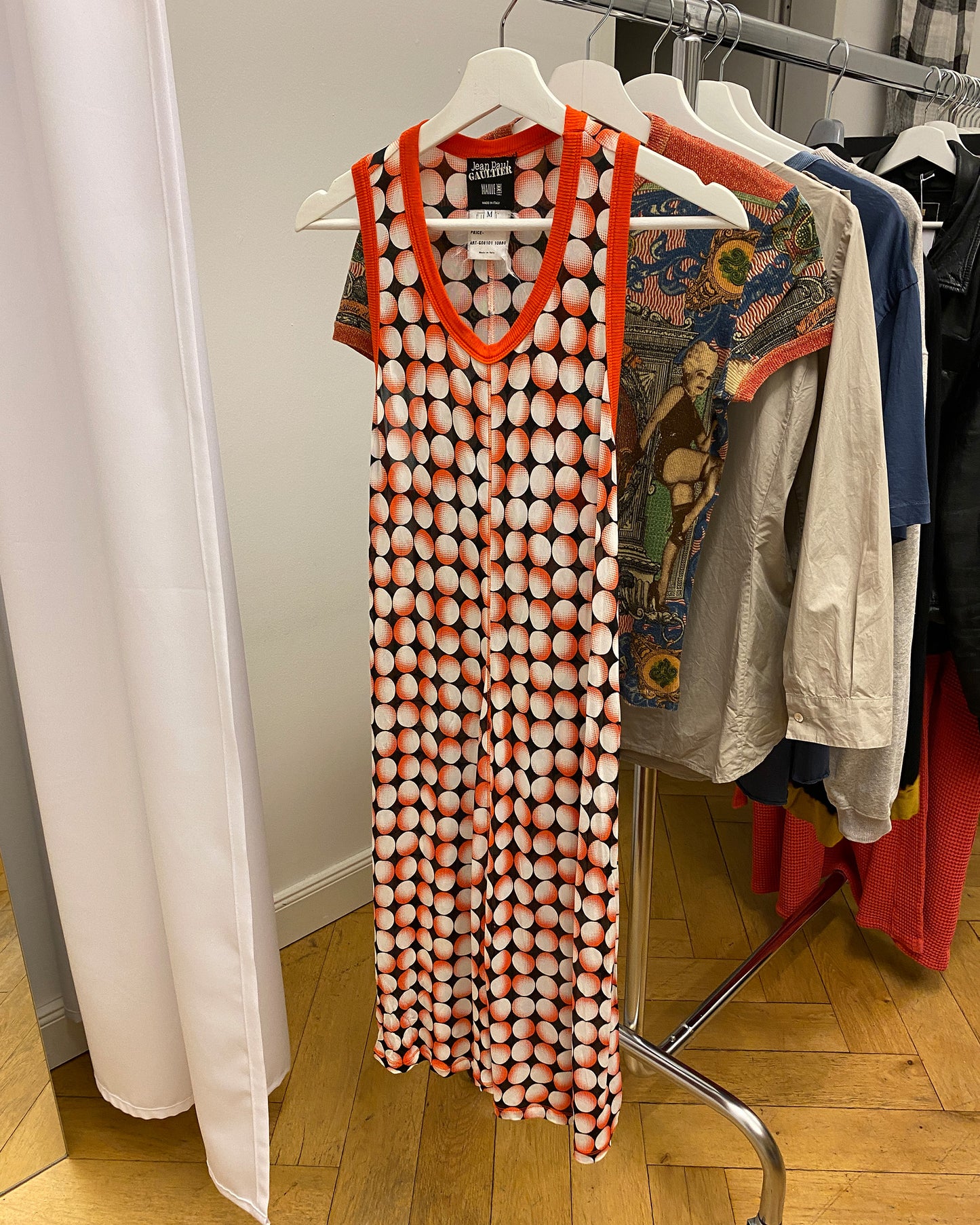 Jean Paul Gaultier Maille Femme AW1995 Cyberdot Silk Tank Dress Neon Orange Black