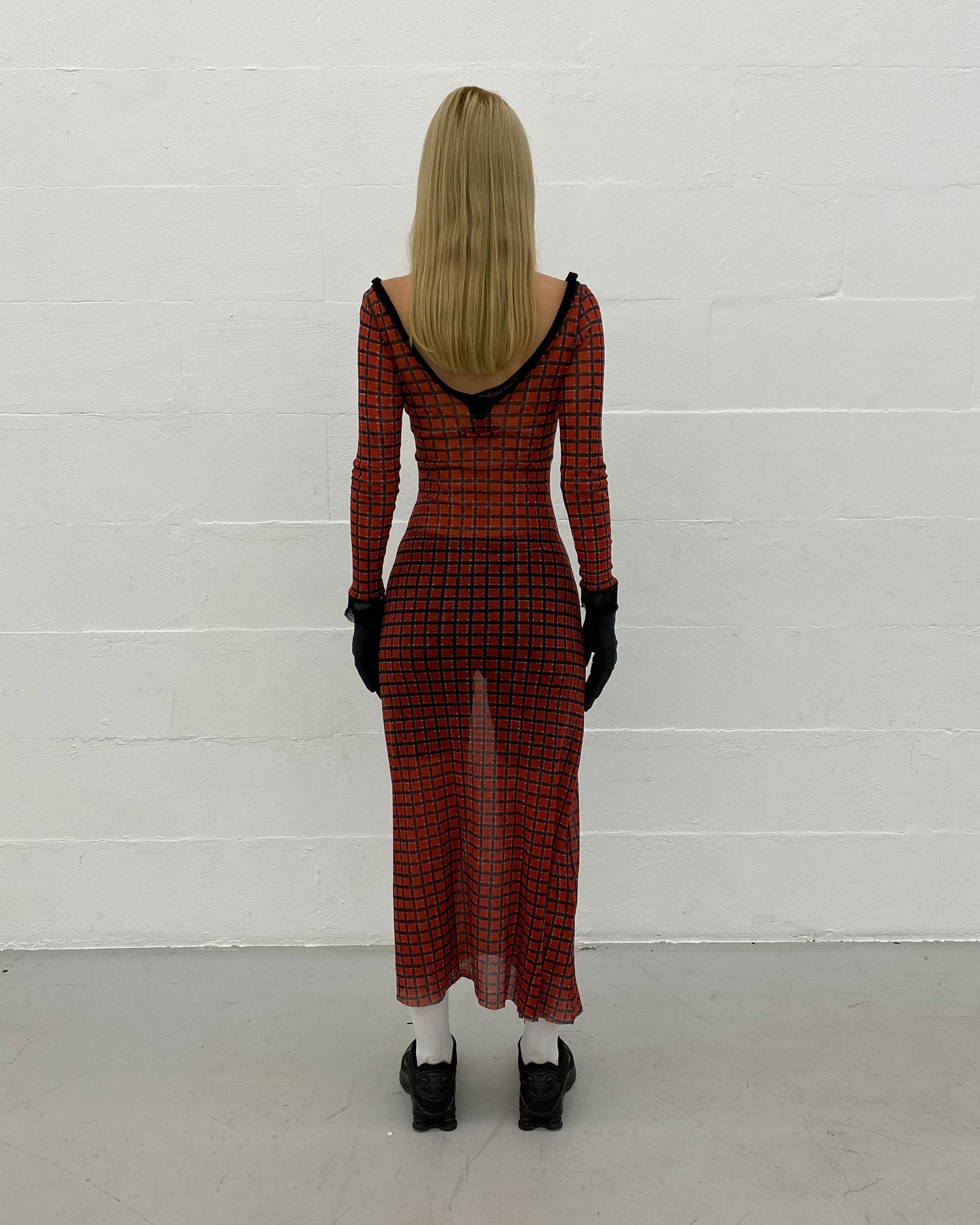 Jean Paul Gaultier Maille Classique 1990s Checkered Pattern Mesh Longsleeve Dress Red Black