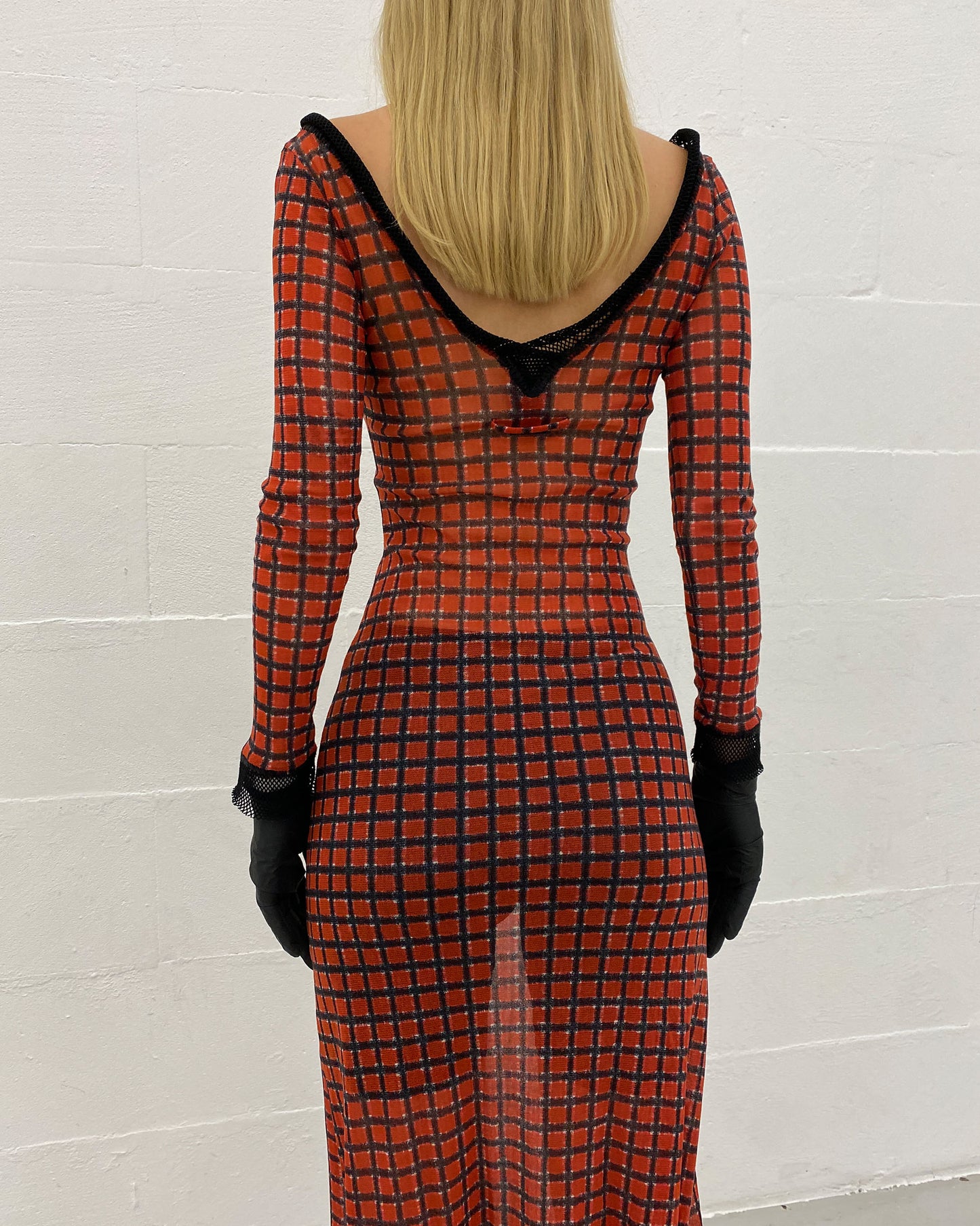 Jean Paul Gaultier Maille Classique 1990s Checkered Pattern Mesh Longsleeve Dress Red Black