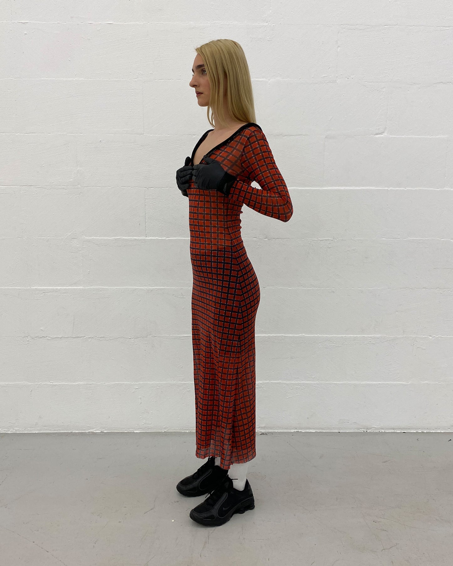 Jean Paul Gaultier Maille Classique 1990s Checkered Pattern Mesh Longsleeve Dress Red Black