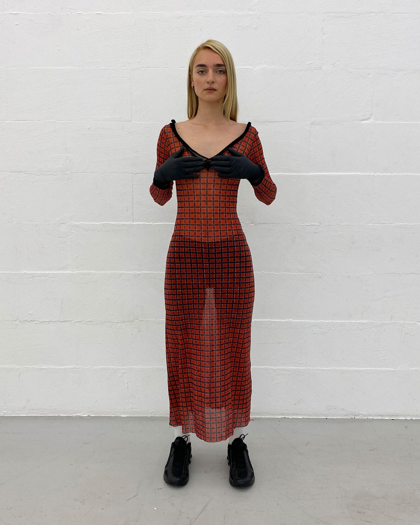 Jean Paul Gaultier Maille Classique 1990s Checkered Pattern Mesh Longsleeve Dress Red Black