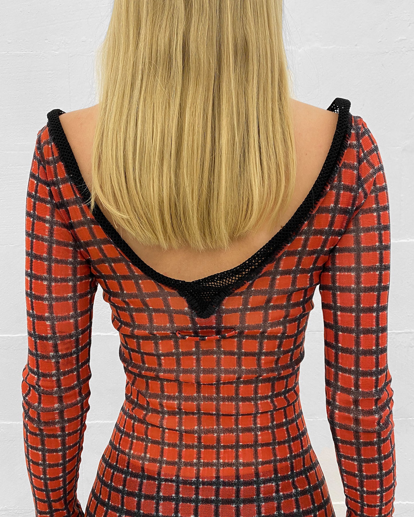 Jean Paul Gaultier Maille Classique 1990s Checkered Pattern Mesh Longsleeve Dress Red Black