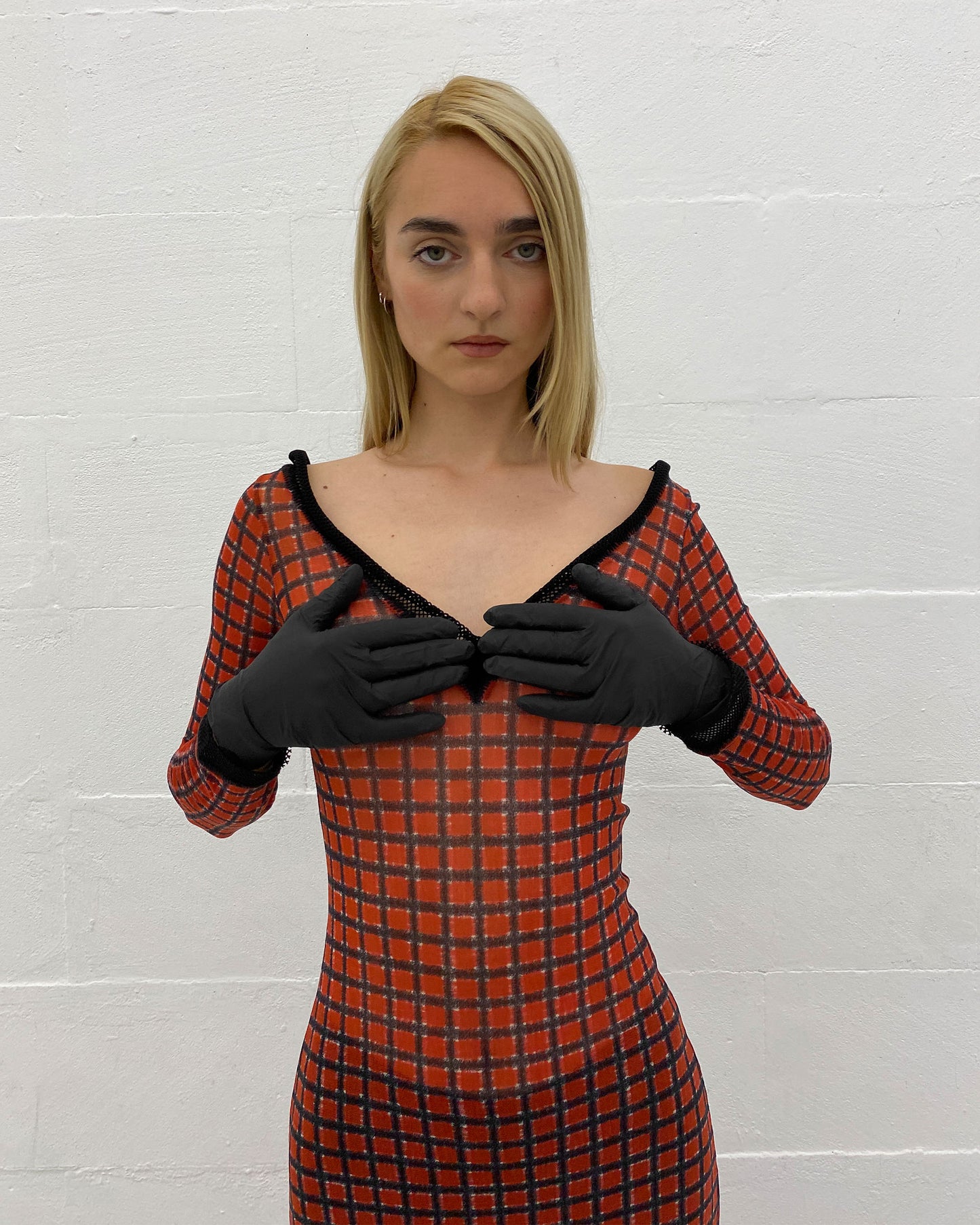 Jean Paul Gaultier Maille Classique 1990s Checkered Pattern Mesh Longsleeve Dress Red Black