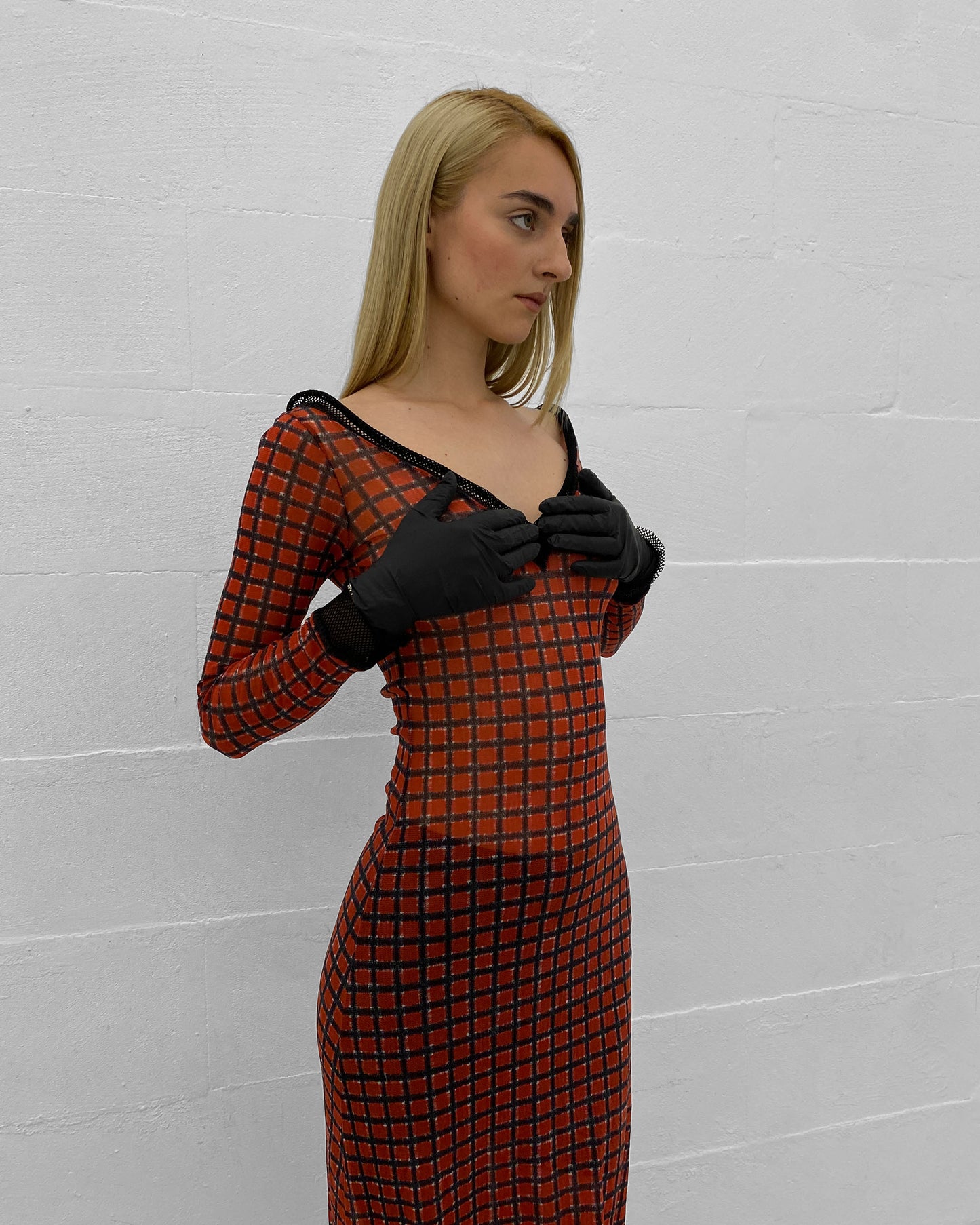 Jean Paul Gaultier Maille Classique 1990s Checkered Pattern Mesh Longsleeve Dress Red Black