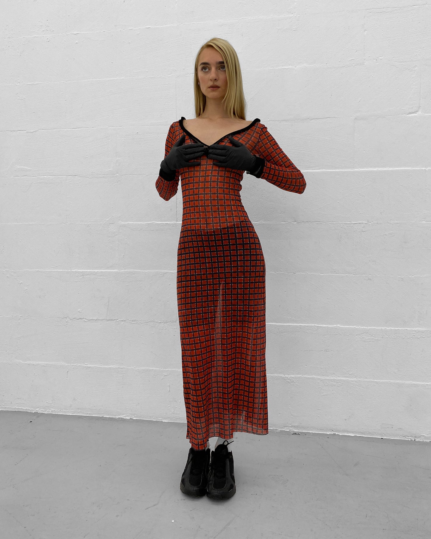 Jean Paul Gaultier Maille Classique 1990s Checkered Pattern Mesh Longsleeve Dress Red Black