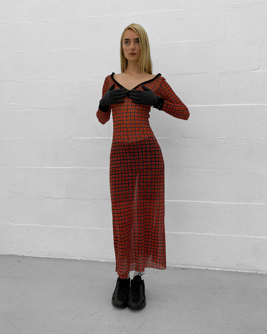 Jean Paul Gaultier Maille Classique 1990s Checkered Pattern Mesh Longsleeve Dress Red Black