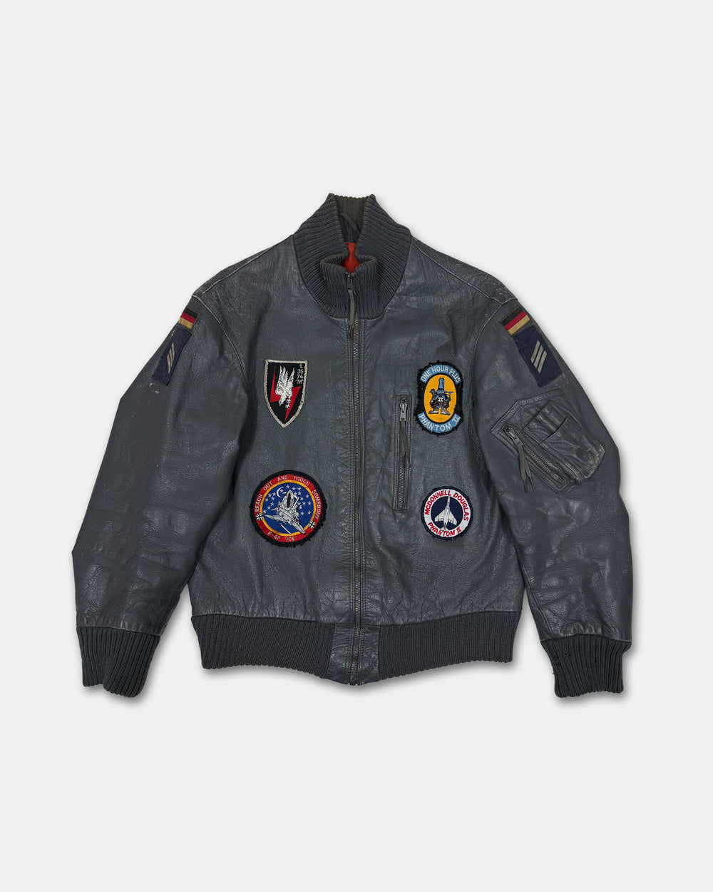 Vintage 1980s Patch German Leather Flight Jacket Grey
