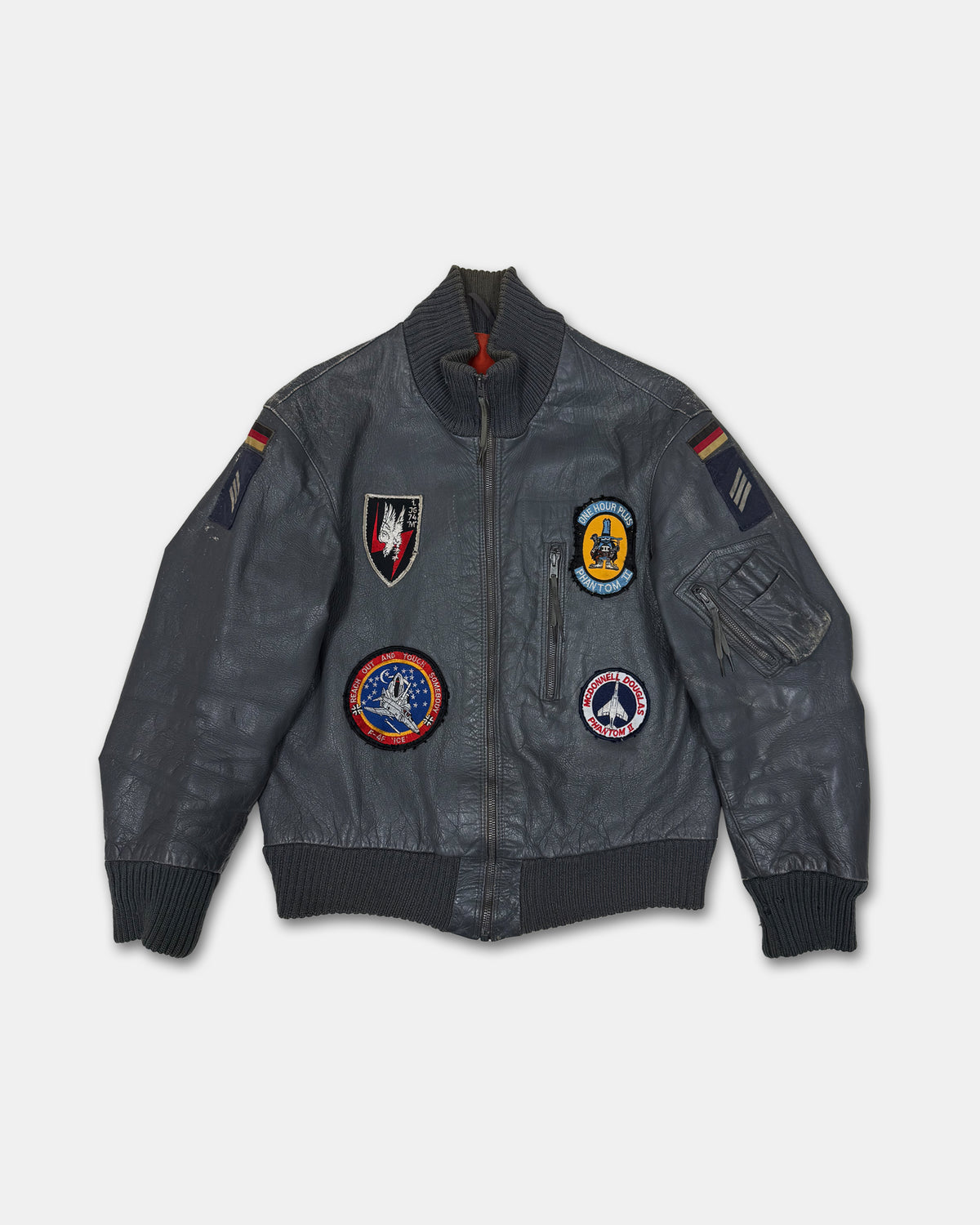 Vintage 1980s Patch German Leather Flight Jacket Grey