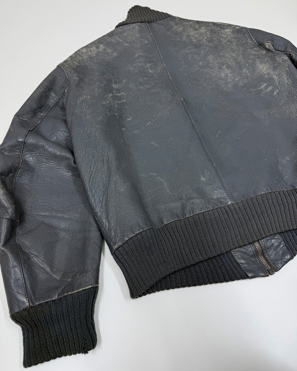 Vintage 1980s Patch German Leather Flight Jacket Grey