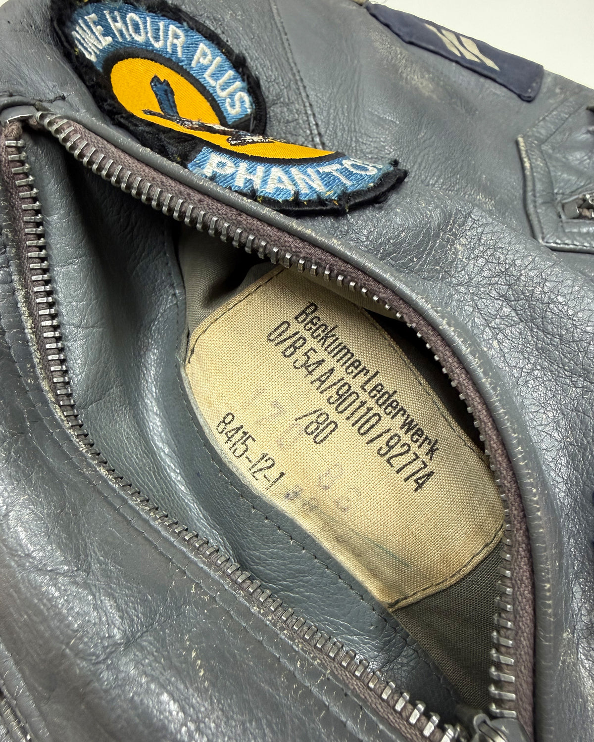 Vintage 1980s Patch German Leather Flight Jacket Grey