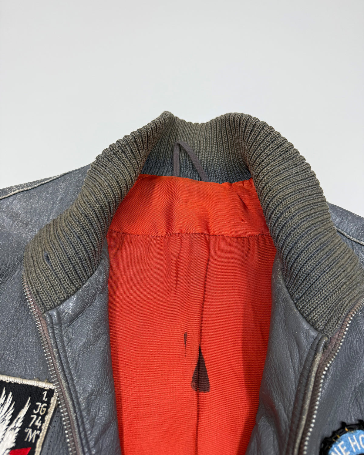 Vintage 1980s Patch German Leather Flight Jacket Grey