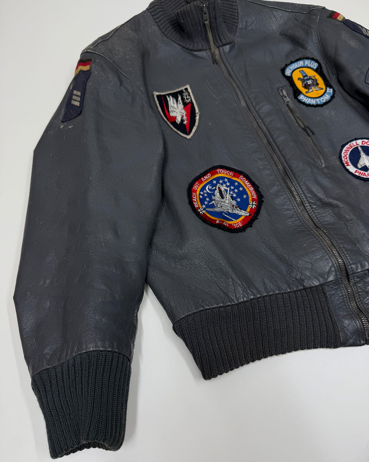 Vintage 1980s Patch German Leather Flight Jacket Grey