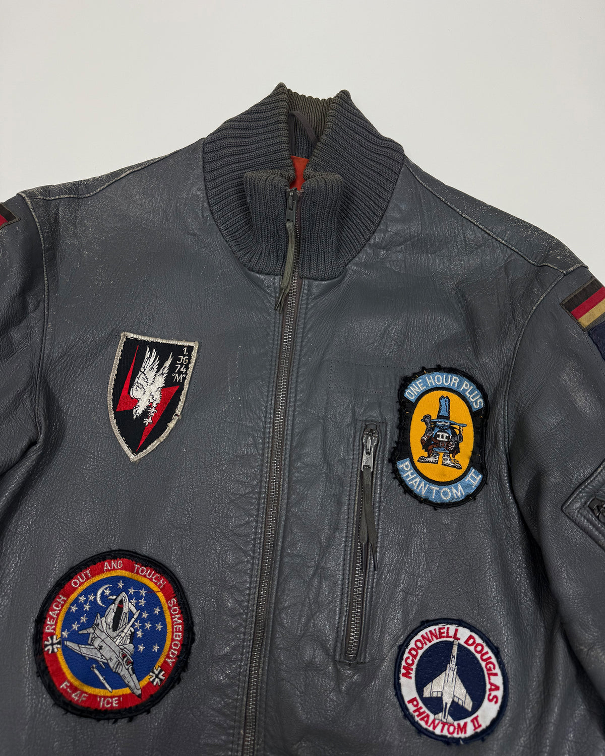 Vintage 1980s Patch German Leather Flight Jacket Grey