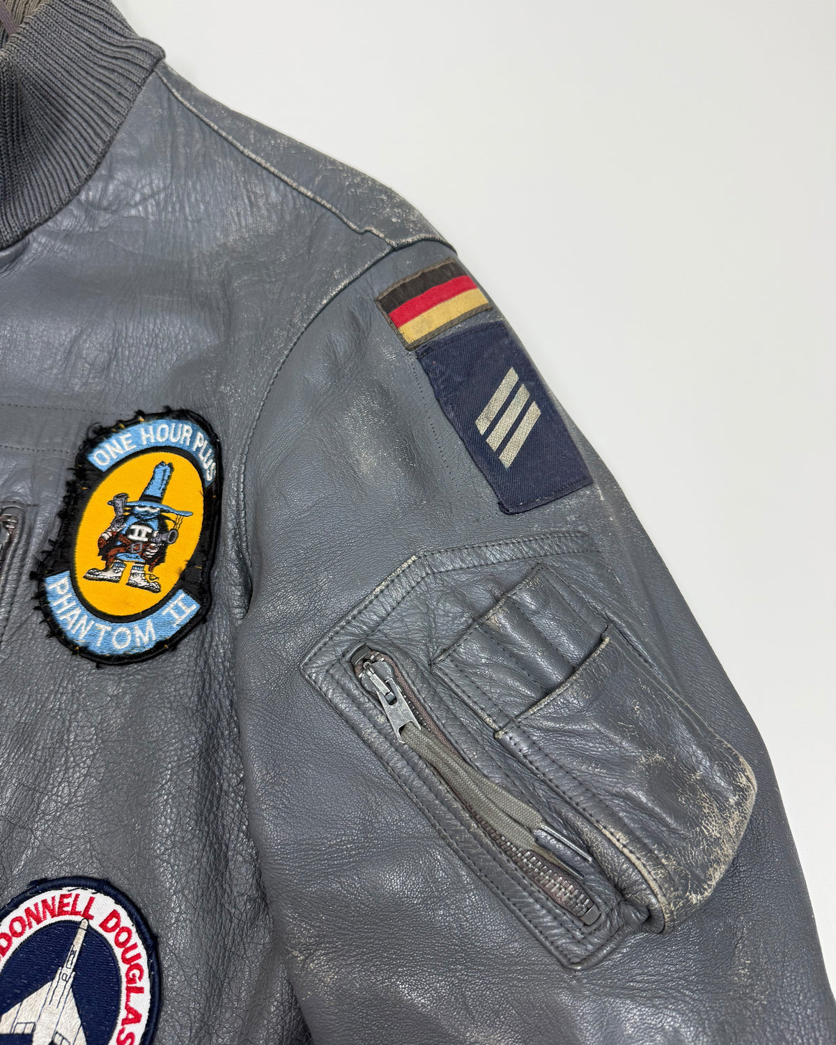 Vintage 1980s Patch German Leather Flight Jacket Grey