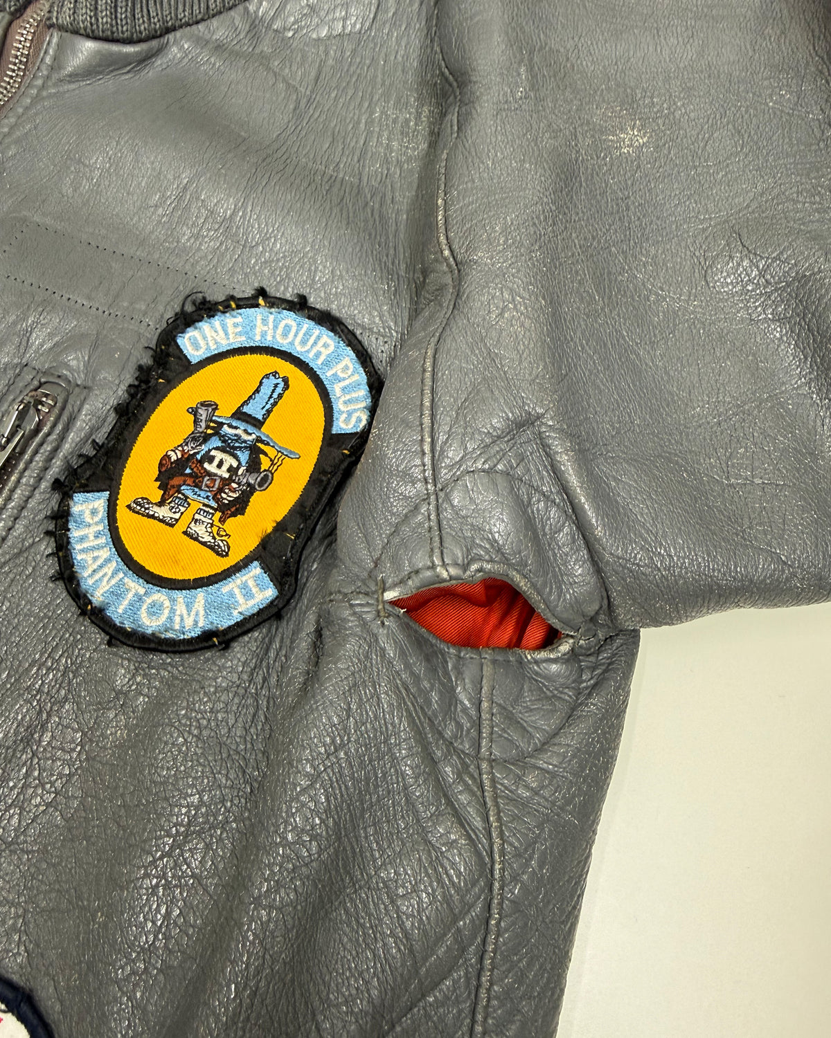 Vintage 1980s Patch German Leather Flight Jacket Grey