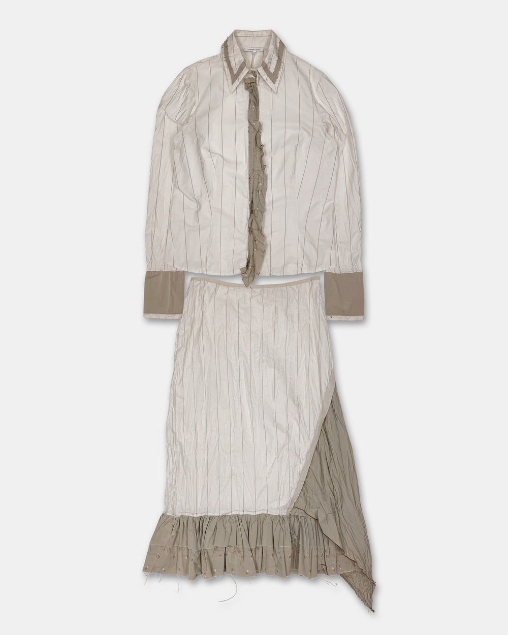 Germano Zama 2000s Striped Crinkle Jacket and Skirt Set White Beige