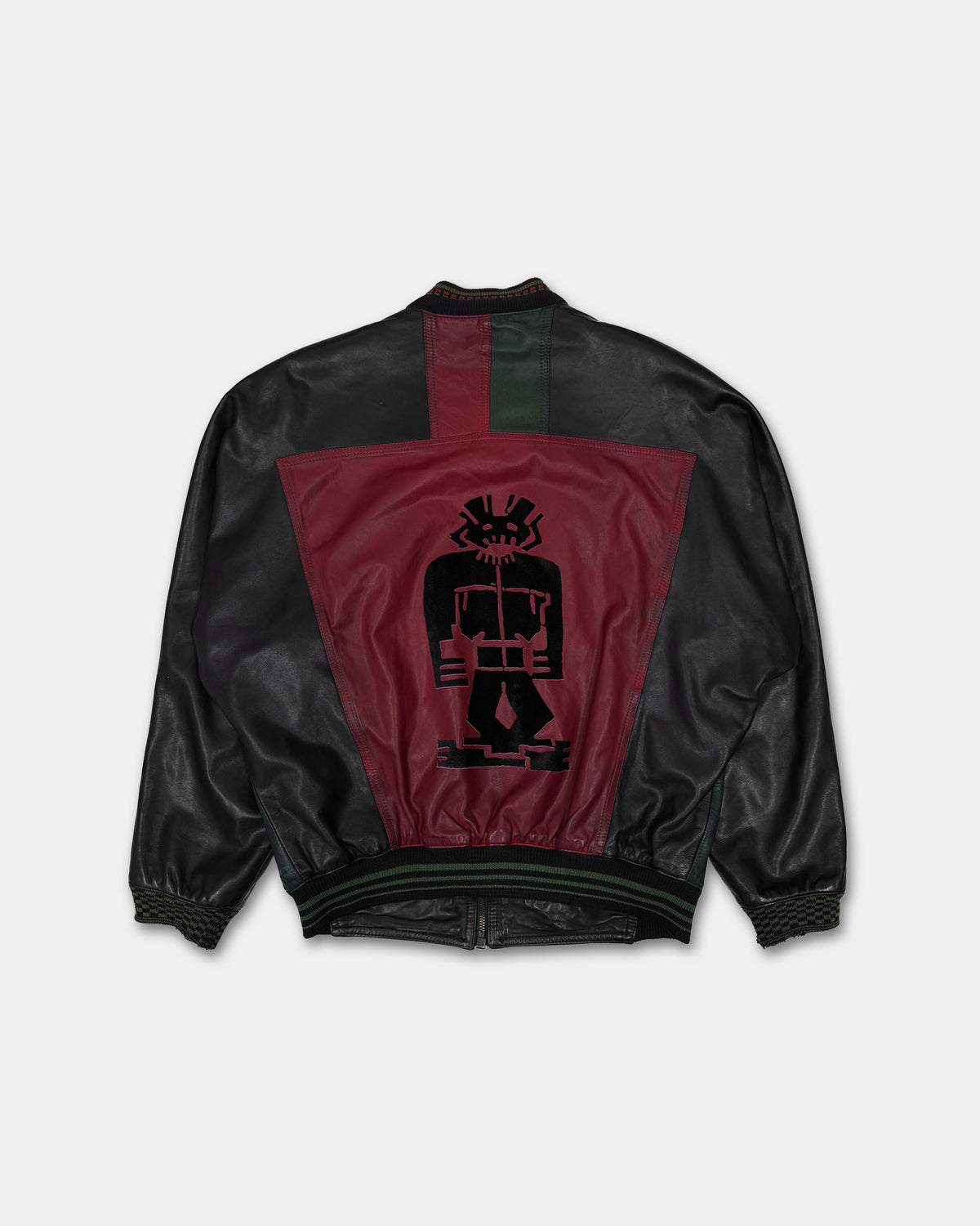 Marithé + François Girbaud x Compagnie des Montagnes et des Forets 1980s Millesimes Pre-Columbian Figure Leather Bomber Jacket Black Red Green