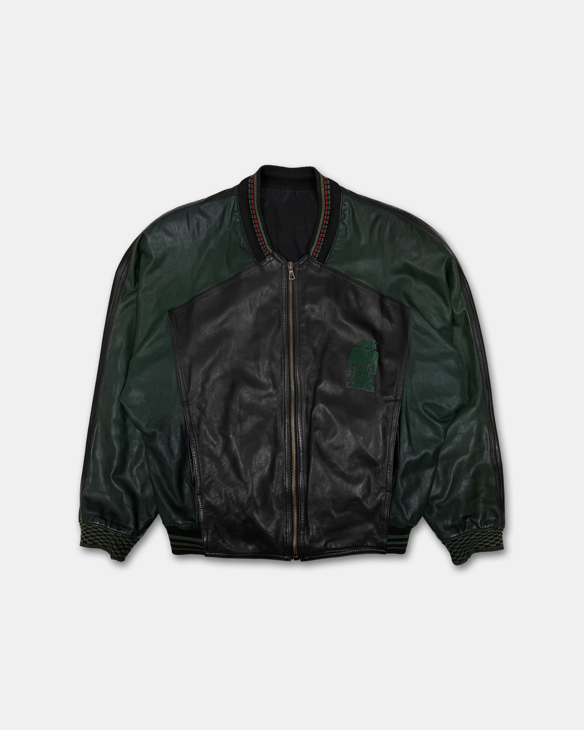Marithé + François Girbaud x Compagnie des Montagnes et des Forets 1980s Millesimes Pre-Columbian Figure Leather Bomber Jacket Black Red Green