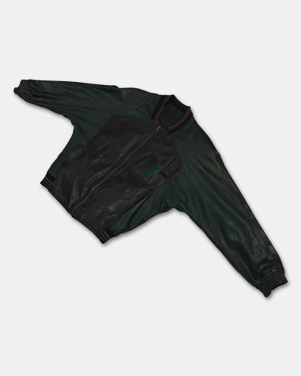 Marithé + François Girbaud x Compagnie des Montagnes et des Forets 1980s Millesimes Pre-Columbian Figure Leather Bomber Jacket Black Red Green