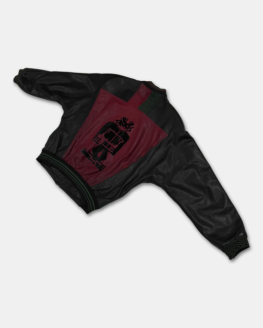 Marithé + François Girbaud x Compagnie des Montagnes et des Forets 1980s Millesimes Pre-Columbian Figure Leather Bomber Jacket Black Red Green