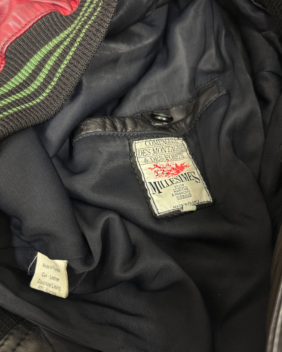 Marithé + François Girbaud x Compagnie des Montagnes et des Forets 1980s Millesimes Pre-Columbian Figure Leather Bomber Jacket Black Red Green