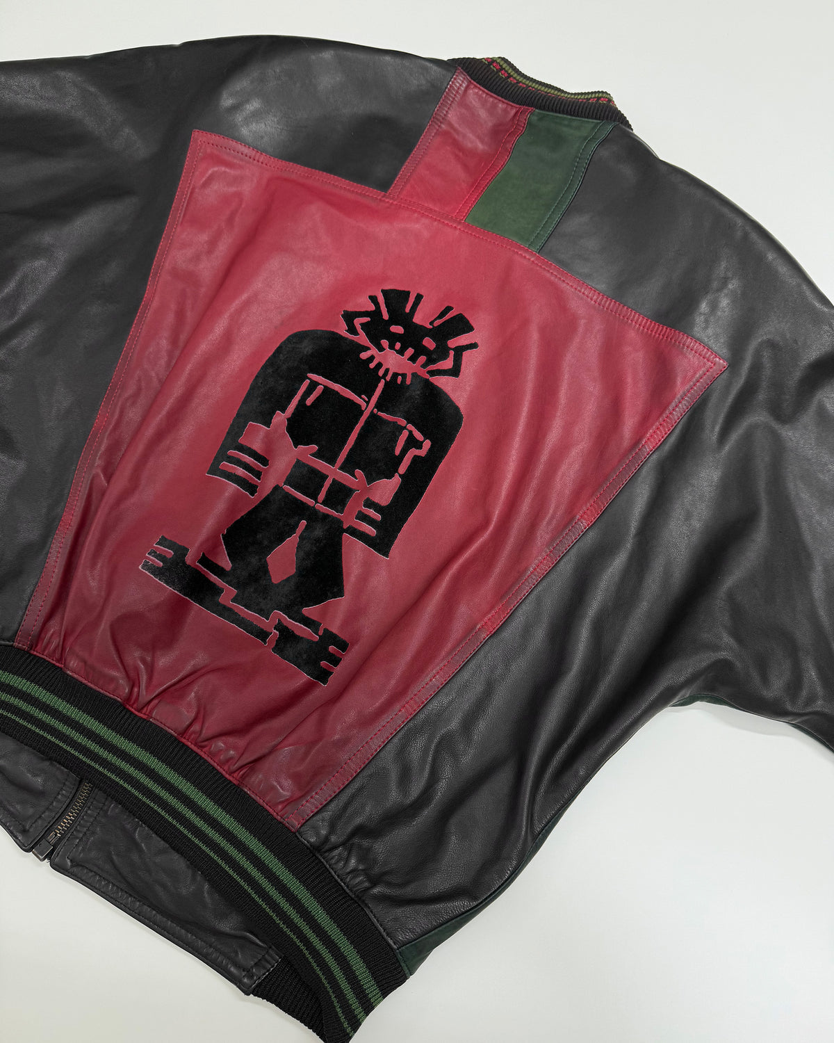 Marithé + François Girbaud x Compagnie des Montagnes et des Forets 1980s Millesimes Pre-Columbian Figure Leather Bomber Jacket Black Red Green