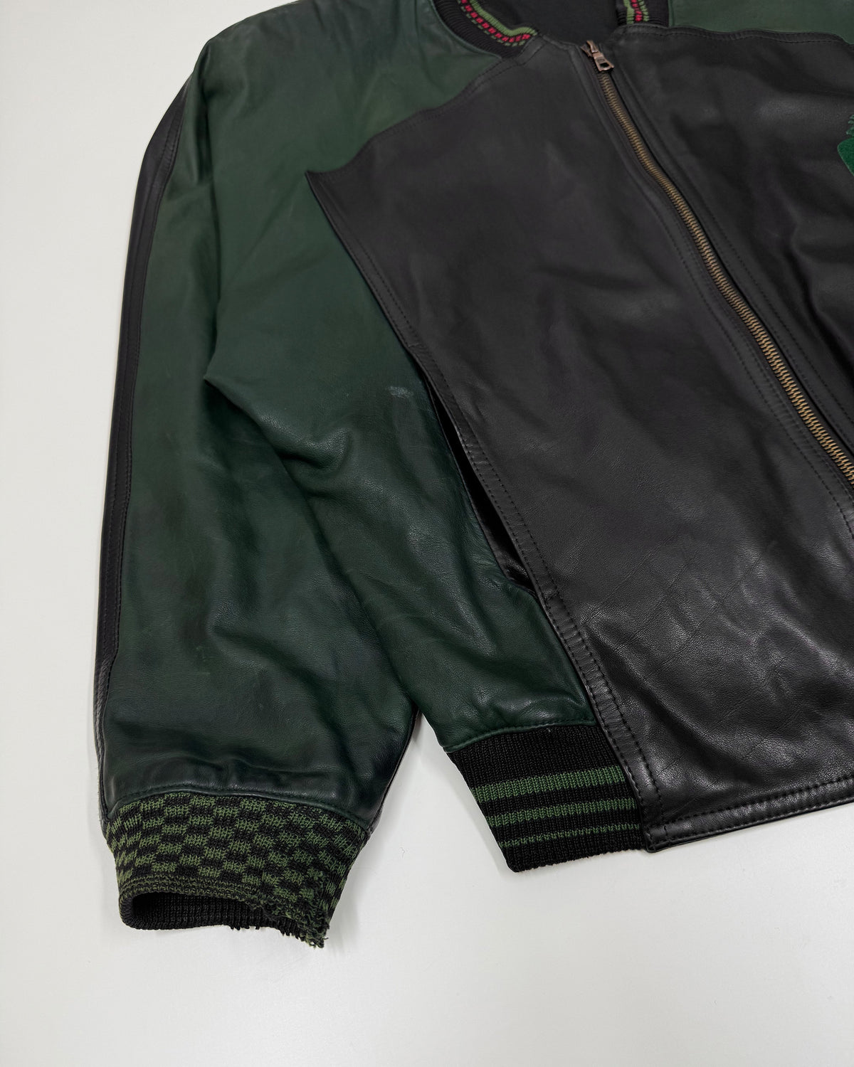 Marithé + François Girbaud x Compagnie des Montagnes et des Forets 1980s Millesimes Pre-Columbian Figure Leather Bomber Jacket Black Red Green