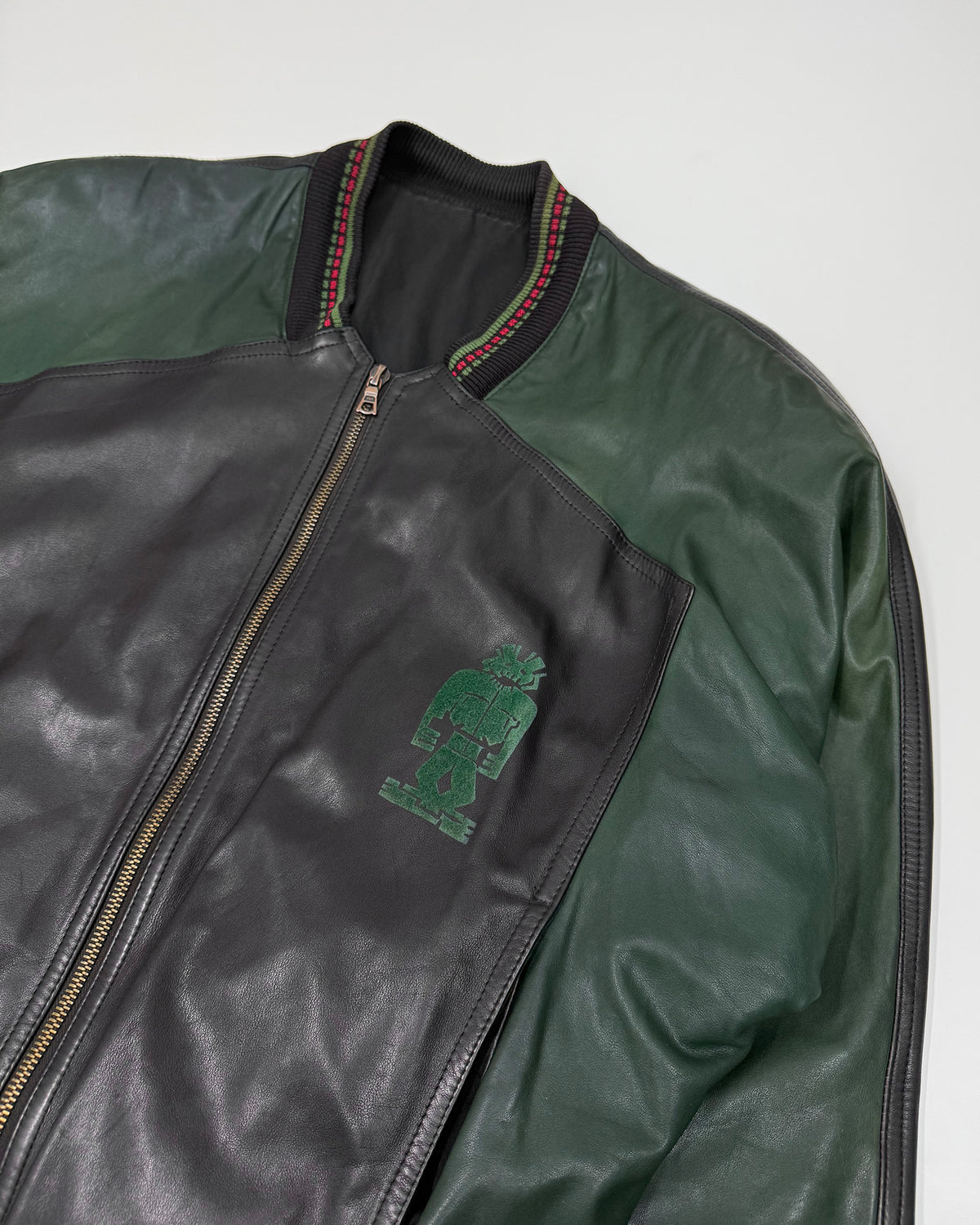 Marithé + François Girbaud x Compagnie des Montagnes et des Forets 1980s Millesimes Pre-Columbian Figure Leather Bomber Jacket Black Red Green