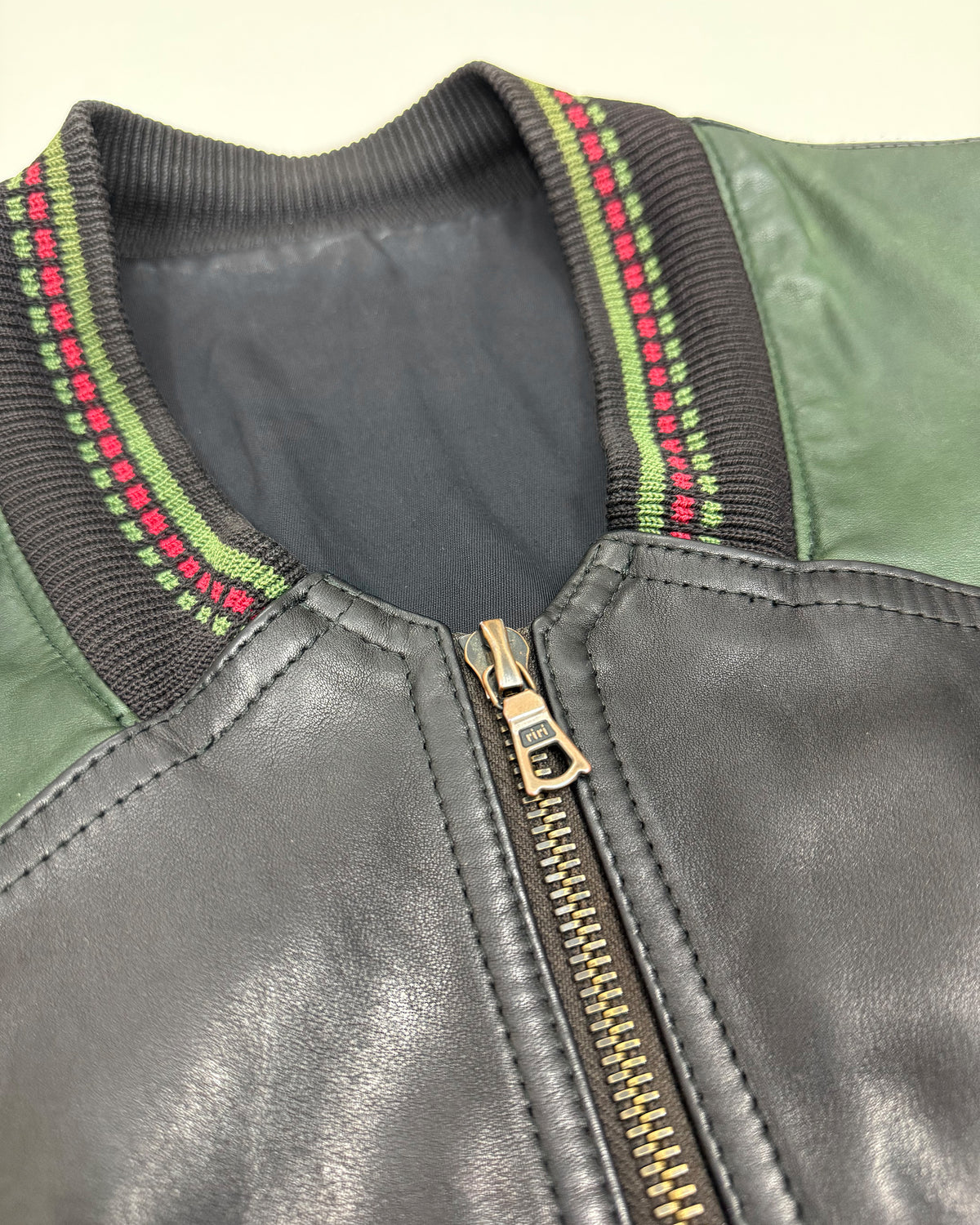 Marithé + François Girbaud x Compagnie des Montagnes et des Forets 1980s Millesimes Pre-Columbian Figure Leather Bomber Jacket Black Red Green