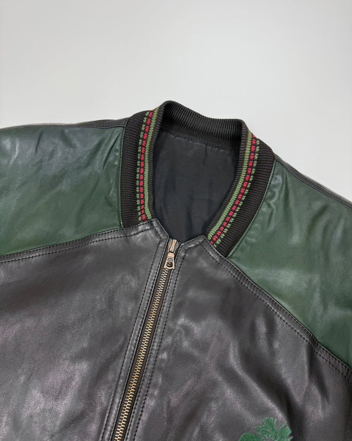 Marithé + François Girbaud x Compagnie des Montagnes et des Forets 1980s Millesimes Pre-Columbian Figure Leather Bomber Jacket Black Red Green